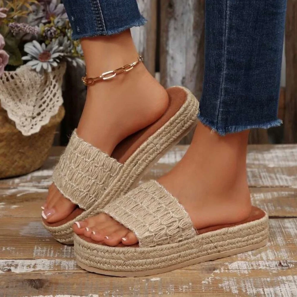 Women's Cream Woven Slide Sandals